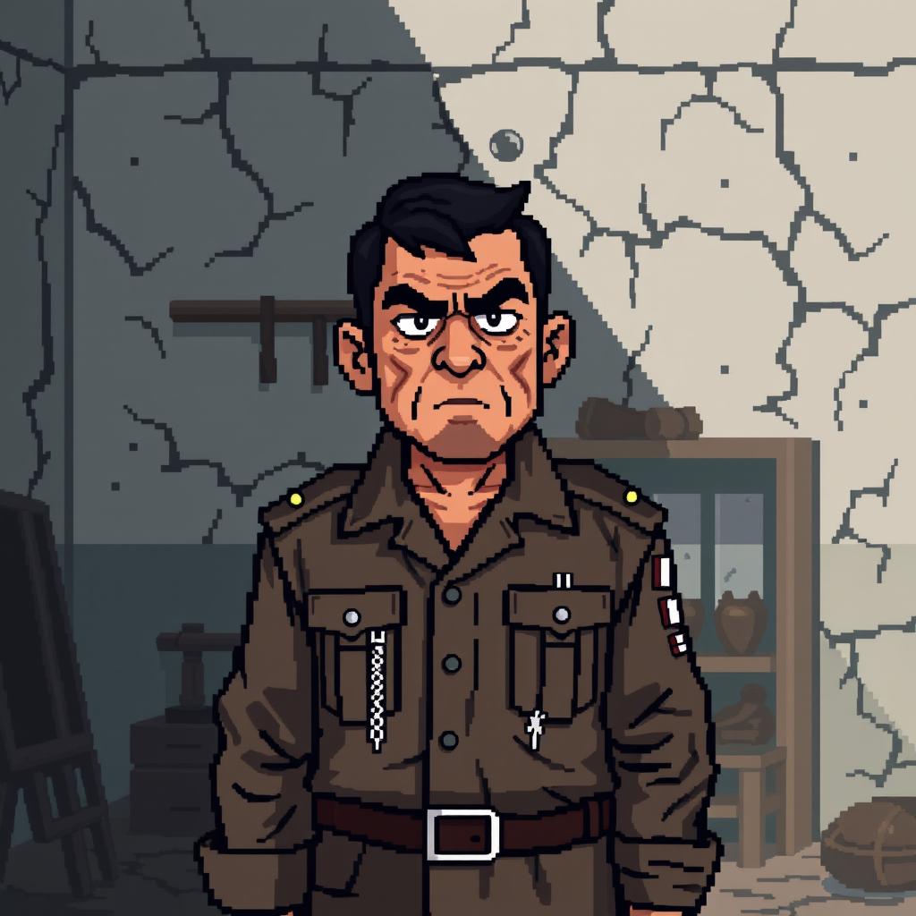 a pixel art representation of Pakhom from 'The Green Elephant', characterized by a rugged appearance wearing a faded, ragged military uniform, with a stern expression