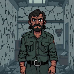 a pixel art representation of Pakhom from 'The Green Elephant', characterized by a rugged appearance wearing a faded, ragged military uniform, with a stern expression