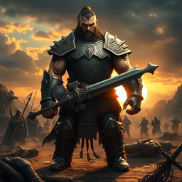 A towering and muscular Goliath fighter standing in a rugged battlefield