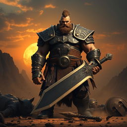 A towering and muscular Goliath fighter standing in a rugged battlefield