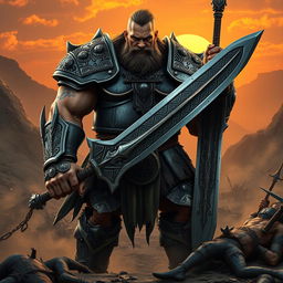 A towering and muscular Goliath fighter standing in a rugged battlefield