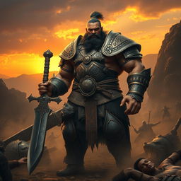 A towering and muscular Goliath fighter standing in a rugged battlefield