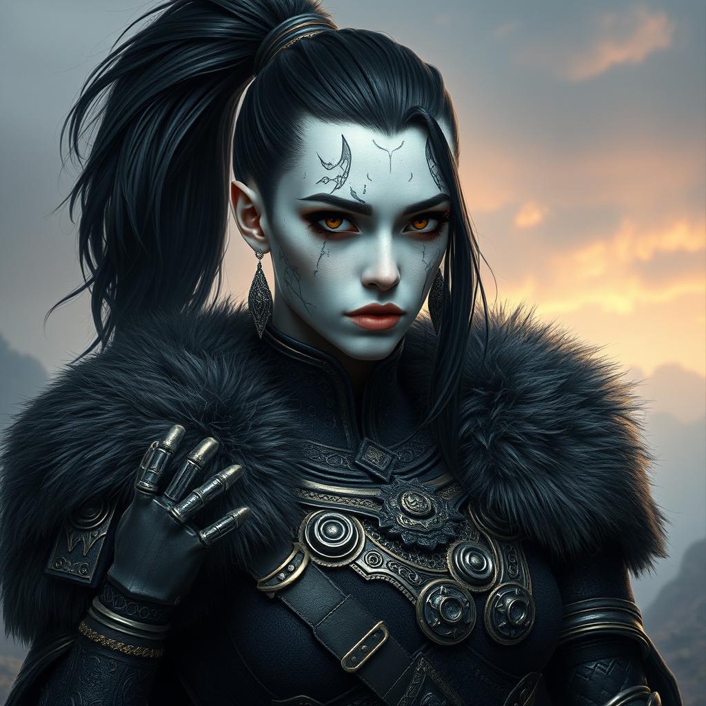 Mystical portrait of a Shadar-Kai with intense black hair tied in a ponytail