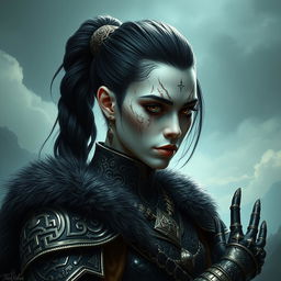 Mystical portrait of a Shadar-Kai with intense black hair tied in a ponytail