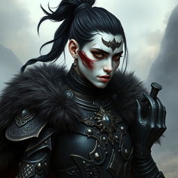 Mystical portrait of a Shadar-Kai with intense black hair tied in a ponytail