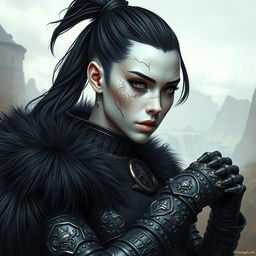 Mystical portrait of a Shadar-Kai with intense black hair tied in a ponytail