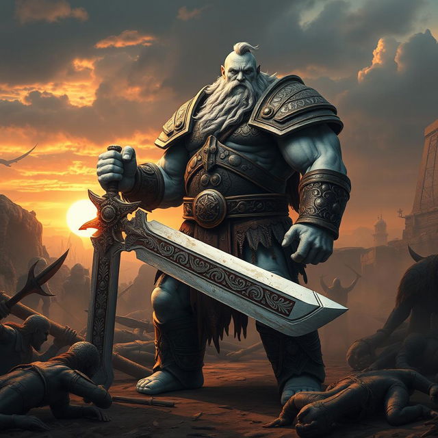 A towering and muscular Goliath fighter with white and blue-toned skin standing in a rugged battlefield