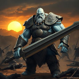 A towering and muscular Goliath fighter with white and blue-toned skin standing in a rugged battlefield