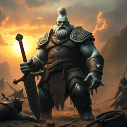 A towering and muscular Goliath fighter with white and blue-toned skin standing in a rugged battlefield