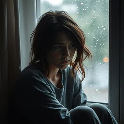 A sad and depressed woman sitting in solitude, gazing out a rain-soaked window with a distant look in her eyes