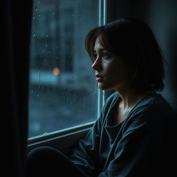 A sad and depressed woman sitting in solitude, gazing out a rain-soaked window with a distant look in her eyes