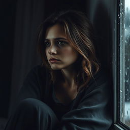 A sad and depressed woman sitting in solitude, gazing out a rain-soaked window with a distant look in her eyes