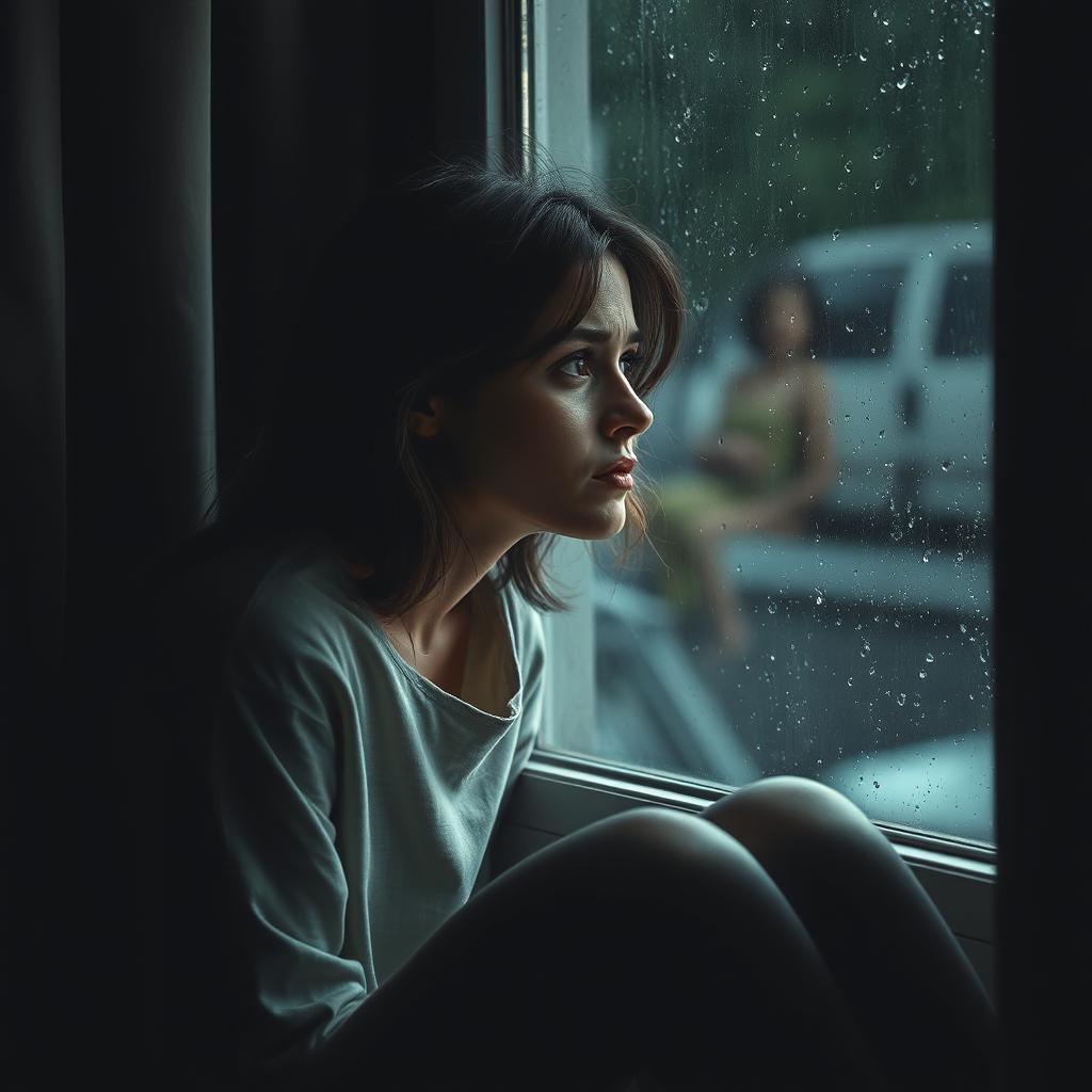 A sad and depressed woman sitting in solitude, gazing out a rain-soaked window with a distant look in her eyes