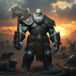 A towering and muscular Goliath fighter with white and blue-toned skin standing in a rugged battlefield