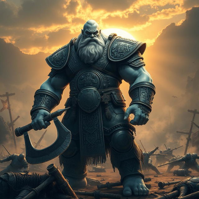 A towering and muscular Goliath fighter with white and blue-toned skin standing in a rugged battlefield