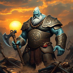 A towering and muscular Goliath fighter with white and blue-toned skin standing in a rugged battlefield