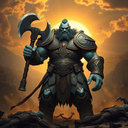 A towering and muscular Goliath fighter with white and blue-toned skin standing in a rugged battlefield