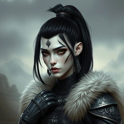 Mystical portrait of a Shadar-Kai with intense black hair tied in a ponytail