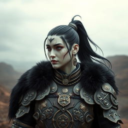 Mystical portrait of a Shadar-Kai with intense black hair tied in a ponytail