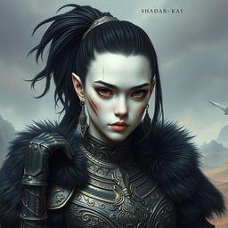 Mystical portrait of a Shadar-Kai with intense black hair tied in a ponytail