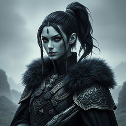 Mystical portrait of a Shadar-Kai with intense black hair tied in a ponytail