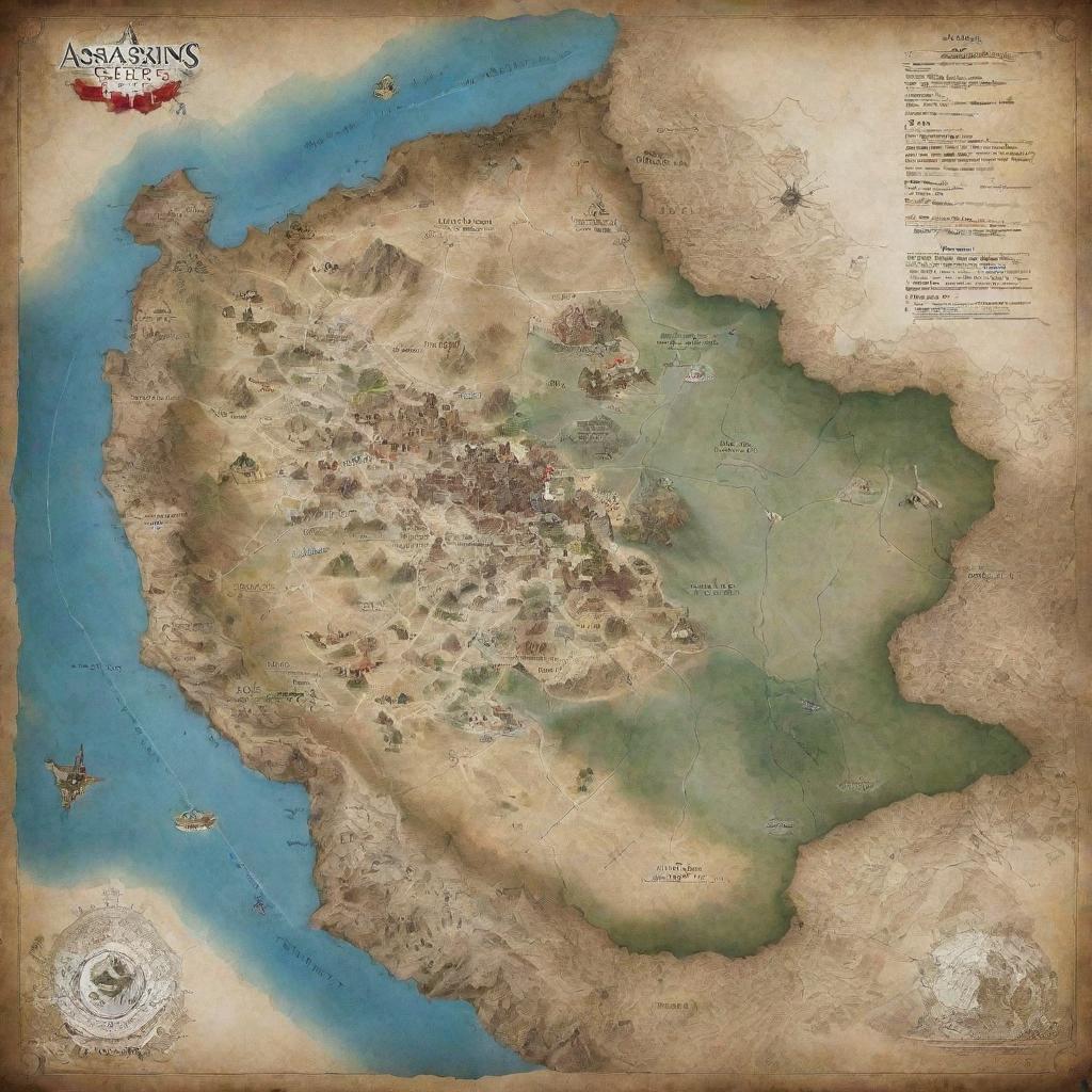 A detailed map of Bolivia showcasing the Assassin's Creed universe with medieval and stealth elements, nestled among its unique geography and landmarks.