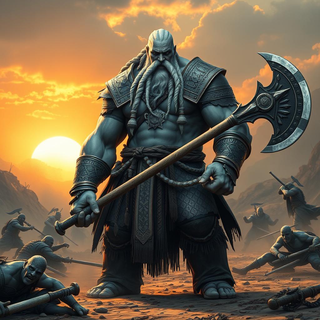 A towering and muscular Goliath fighter with white and blue-toned skin, showcasing exquisitely braided hair and a long braided beard, standing in a rugged battlefield