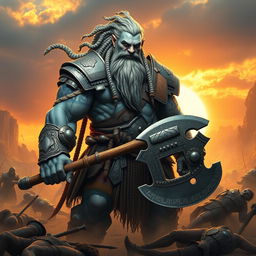 A towering and muscular Goliath fighter with white and blue-toned skin, showcasing exquisitely braided hair and a long braided beard, standing in a rugged battlefield