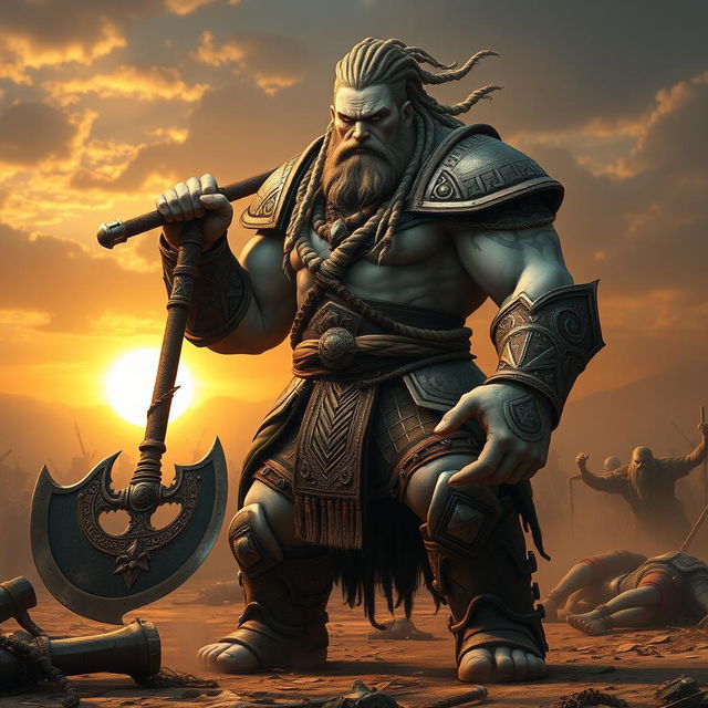 A towering and muscular Goliath fighter with white and blue-toned skin, showcasing exquisitely braided hair and a long braided beard, standing in a rugged battlefield