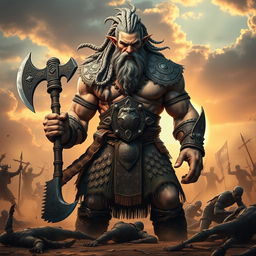 A towering and muscular Goliath fighter with white and blue-toned skin, showcasing exquisitely braided hair and a long braided beard, standing in a rugged battlefield