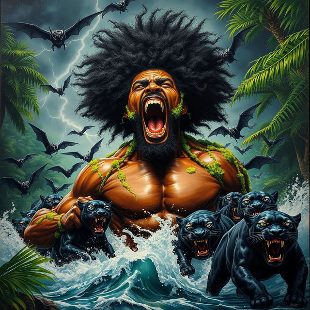 A polished, finished oil-based painting illustrating a full-body, macro, extremely up-close view of an epic, enraged, gorgeously ferocious nude muscular black-skinned man with a striking afro