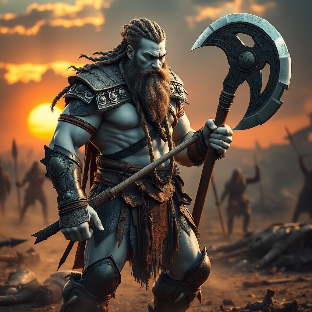 A lean and muscular Goliath fighter with white and blue-toned skin, showcasing beautifully braided hair and a long braided beard, standing in a rugged battlefield