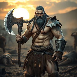 A lean and muscular Goliath fighter with white and blue-toned skin, showcasing beautifully braided hair and a long braided beard, standing in a rugged battlefield