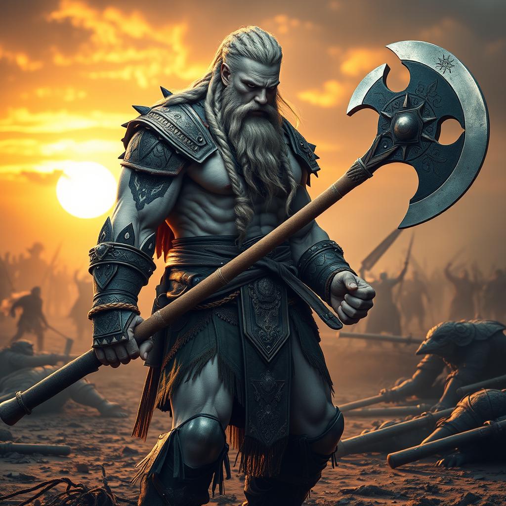 A lean and muscular Goliath fighter with white and blue-toned skin, showcasing beautifully braided hair and a long braided beard, standing in a rugged battlefield