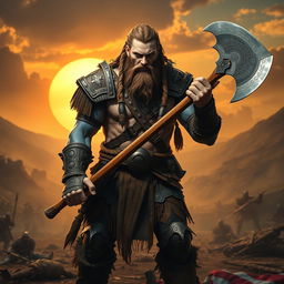 A lean and muscular Goliath fighter with white and blue-toned skin, showcasing beautifully braided hair and a long braided beard, standing in a rugged battlefield