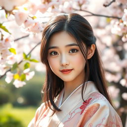 Portrait of an Asian girl with delicate features, shimmering black hair cascading down her shoulders, captivating almond-shaped eyes, standing amidst a cherry blossom garden, wearing a traditional silk kimono adorned with intricate patterns, gentle smile reflecting serenity, soft sunlight filtering through the blossoms, creating a dreamy and tranquil atmosphere