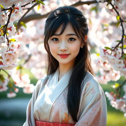 Portrait of an Asian girl with delicate features, shimmering black hair cascading down her shoulders, captivating almond-shaped eyes, standing amidst a cherry blossom garden, wearing a traditional silk kimono adorned with intricate patterns, gentle smile reflecting serenity, soft sunlight filtering through the blossoms, creating a dreamy and tranquil atmosphere