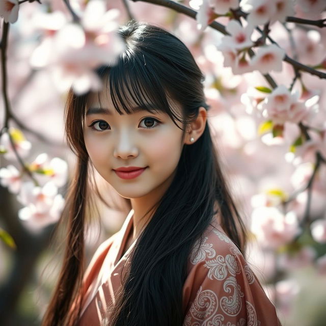 Portrait of an Asian girl with delicate features, shimmering black hair cascading down her shoulders, captivating almond-shaped eyes, standing amidst a cherry blossom garden, wearing a traditional silk kimono adorned with intricate patterns, gentle smile reflecting serenity, soft sunlight filtering through the blossoms, creating a dreamy and tranquil atmosphere