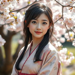 Portrait of an Asian girl with delicate features, shimmering black hair cascading down her shoulders, captivating almond-shaped eyes, standing amidst a cherry blossom garden, wearing a traditional silk kimono adorned with intricate patterns, gentle smile reflecting serenity, soft sunlight filtering through the blossoms, creating a dreamy and tranquil atmosphere