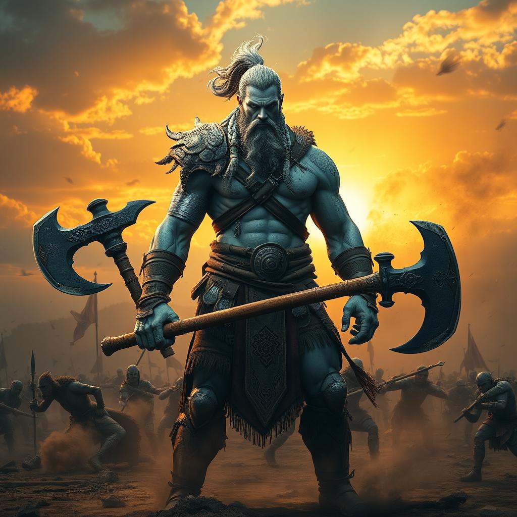 A lean and muscular Goliath fighter with white and blue-toned skin, standing tall and poised for battle