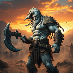 A lean and muscular Goliath fighter with white and blue-toned skin, standing tall and poised for battle