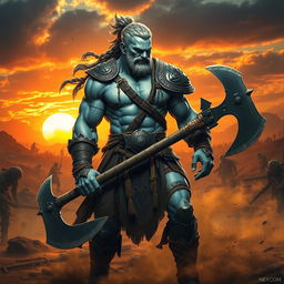 A lean and muscular Goliath fighter with white and blue-toned skin, standing tall and poised for battle