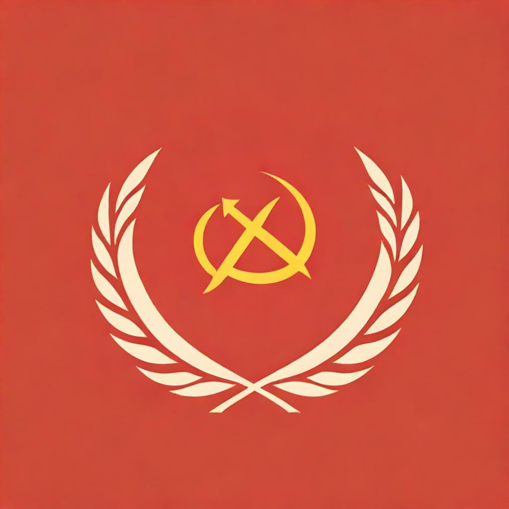 The emblem of the Soviet Union (USSR) prominently featuring a golden hammer and sickle on top of a globe, inside a red wheat wreath on a red background