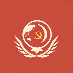 The emblem of the Soviet Union (USSR) prominently featuring a golden hammer and sickle on top of a globe, inside a red wheat wreath on a red background