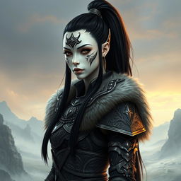 Mystical portrait of a Shadar-Kai with really long black hair reaching the neck, styled in a ponytail