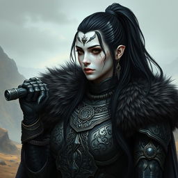 Mystical portrait of a Shadar-Kai with really long black hair reaching the neck, styled in a ponytail