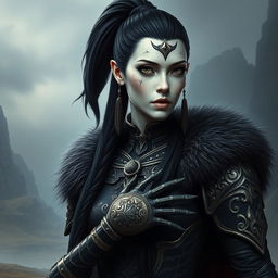 Mystical portrait of a Shadar-Kai with really long black hair reaching the neck, styled in a ponytail