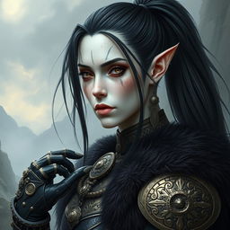 Mystical portrait of a Shadar-Kai with really long black hair reaching the neck, styled in a ponytail