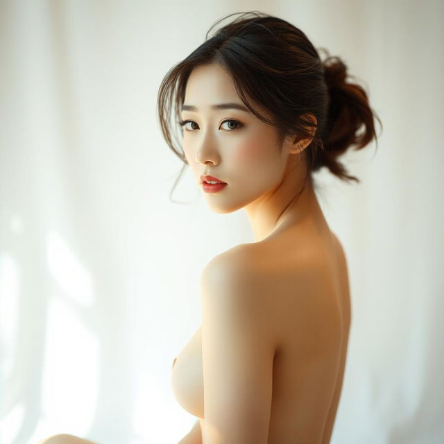 A tasteful portrayal of an Asian woman in an artistic nude setting, gracefully posed to convey a sense of elegance and natural beauty