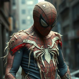 Spider-Man wearing a tattered and worn-out suit, with frayed and torn costume revealing underlying fabric